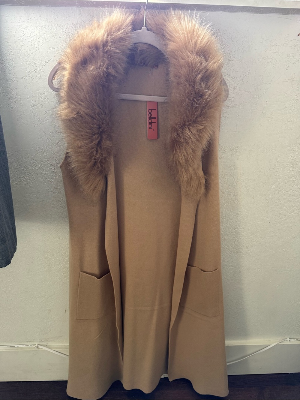Baldini Camel Wool Vest with Faux Fur Collar